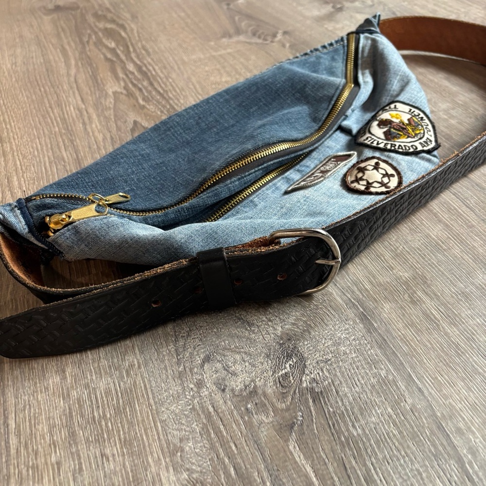 Hand Crafted Crossbody Bag with Denim and Leather belt - Picture 2 of 4